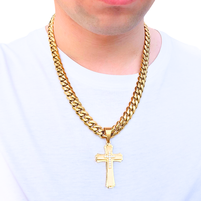 SET - Gold Cuban Chain 12mm + Royal Cross Pendant Gold