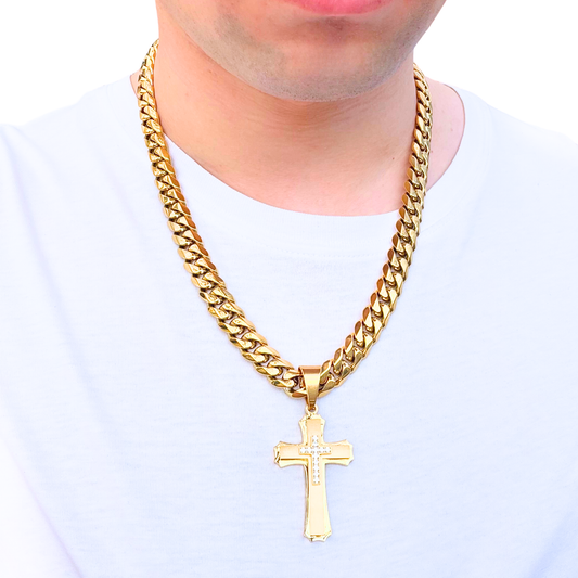 SET - Gold Cuban Chain 12mm + Royal Cross Pendant Gold