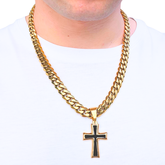 SET - Gold Cuban Chain 12mm + Black Cross Pendant Gold