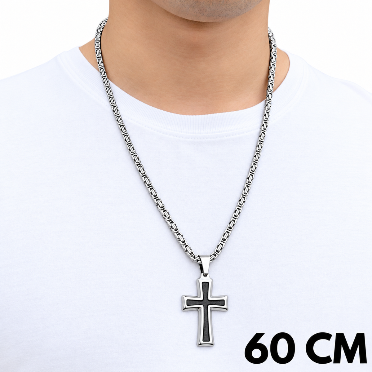 SET - Royal Chain 4mm + Black Cross Pendant White Gold