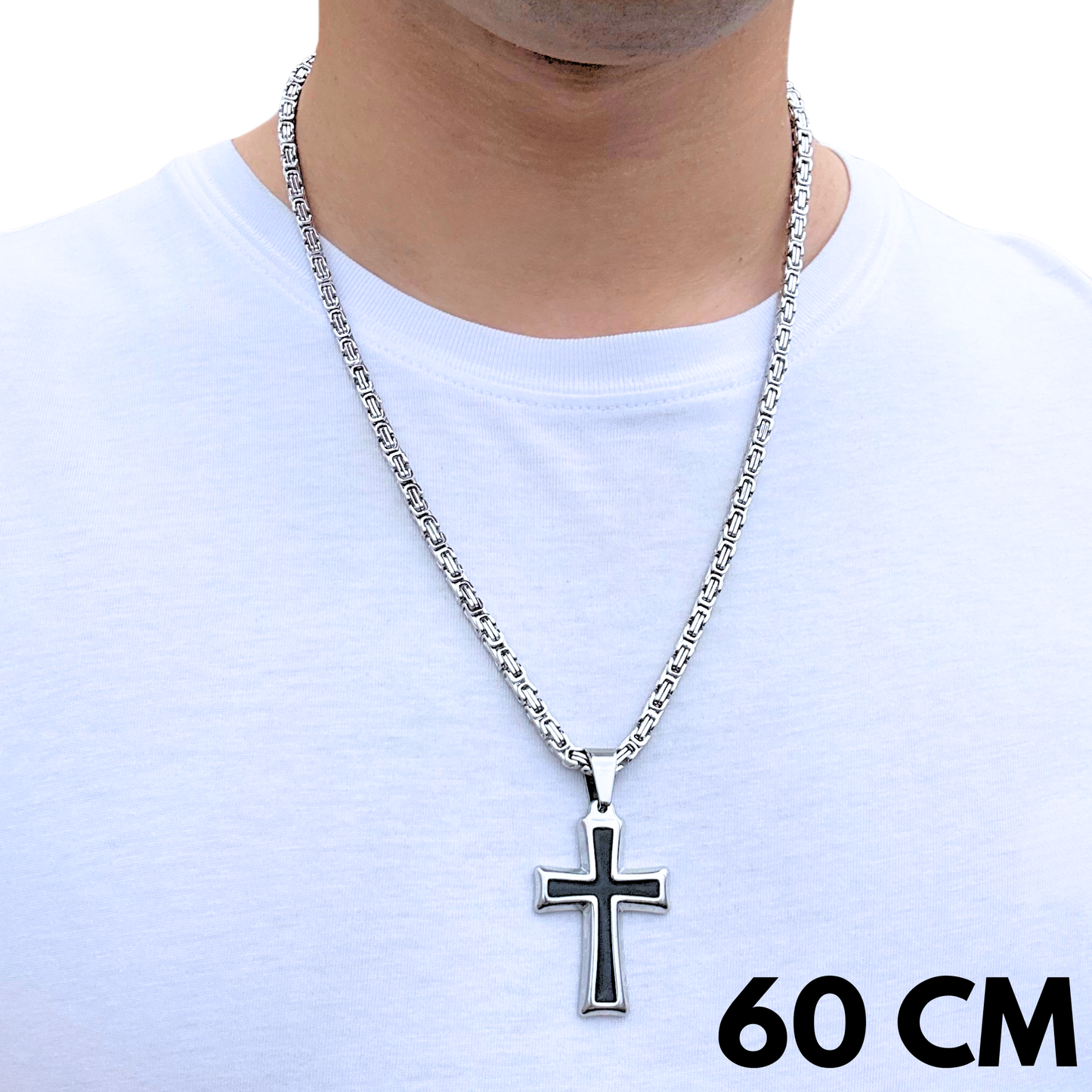 SET - Royal Chain 4mm + Black Cross Pendant White Gold