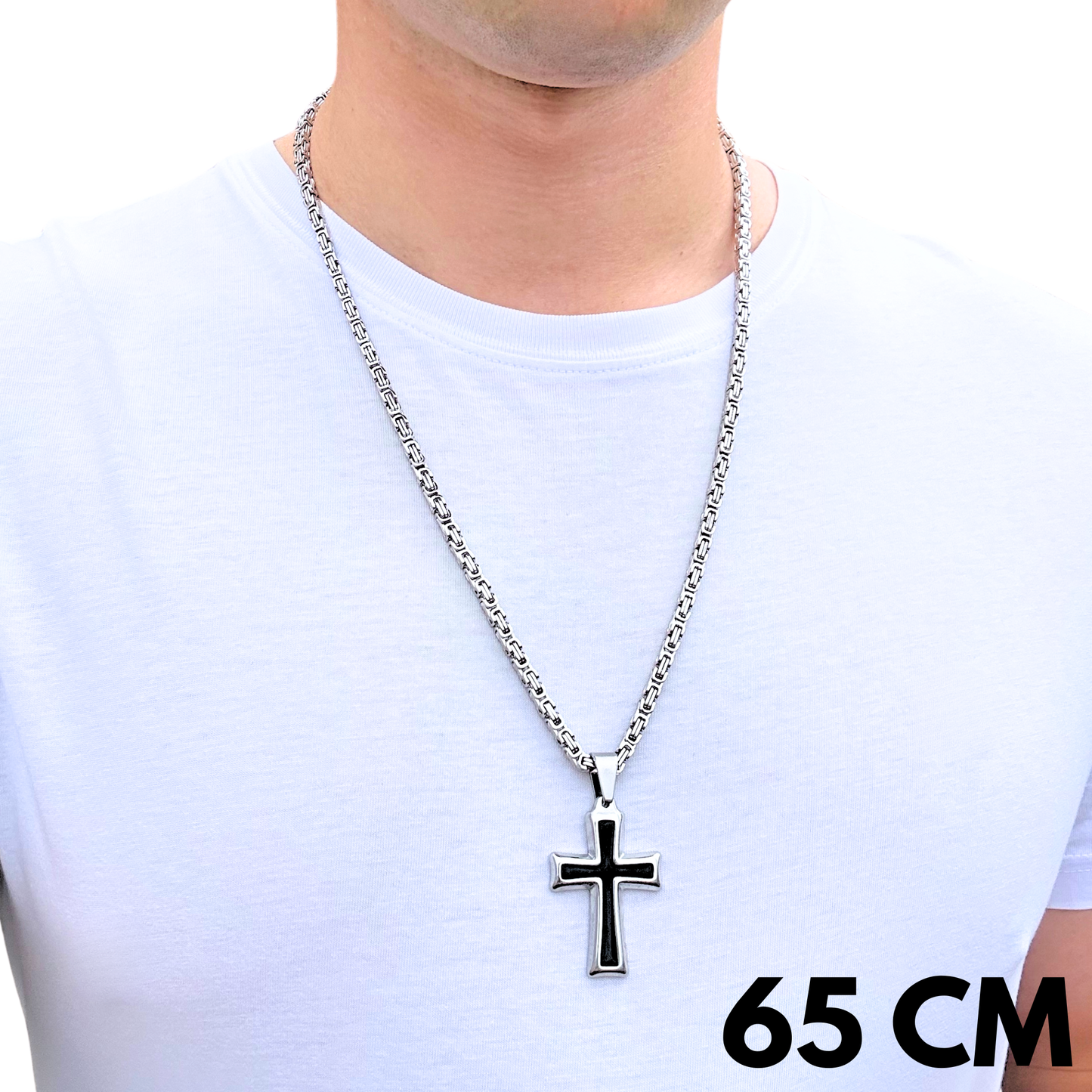 SET - Royal Chain 4mm + Black Cross Pendant White Gold