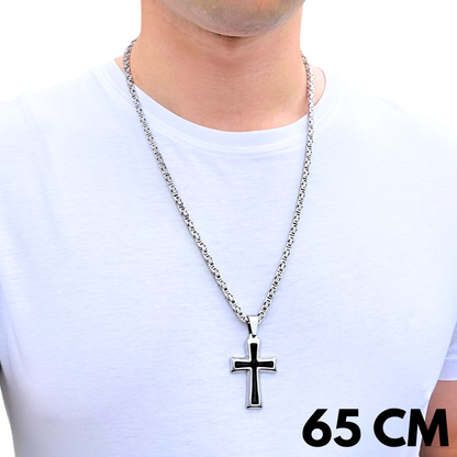 SET - Royal Chain 4mm + Black Cross Pendant White Gold