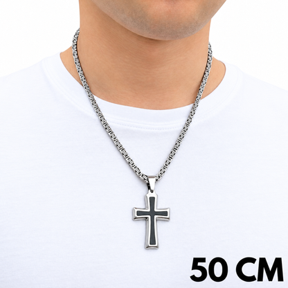 SET - Royal Chain 4mm + Black Cross Pendant White Gold