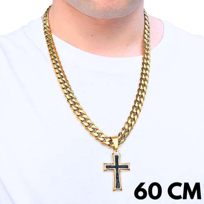 SET - Gold Cuban Chain 12mm + Black Cross Pendant Gold