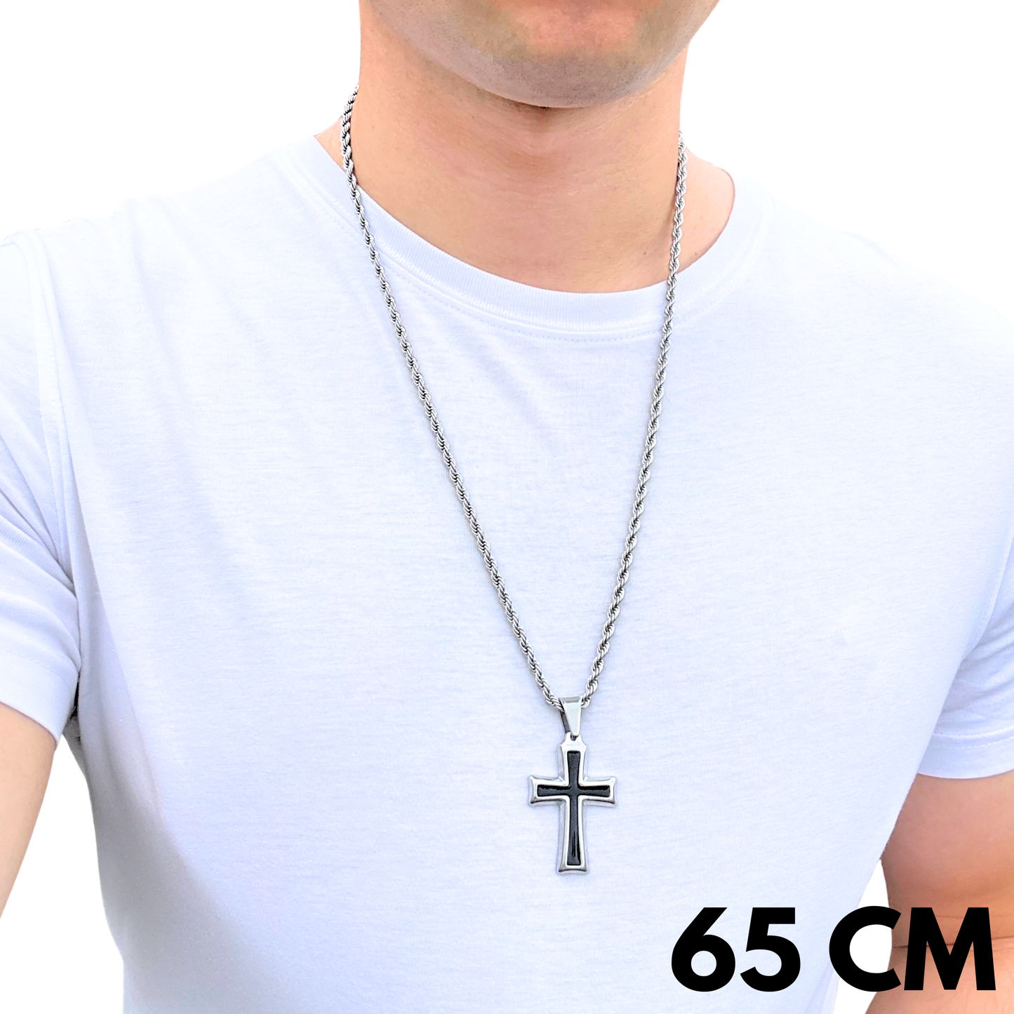 SET - Rope Chain 4mm + Black Cross Pendant White Gold