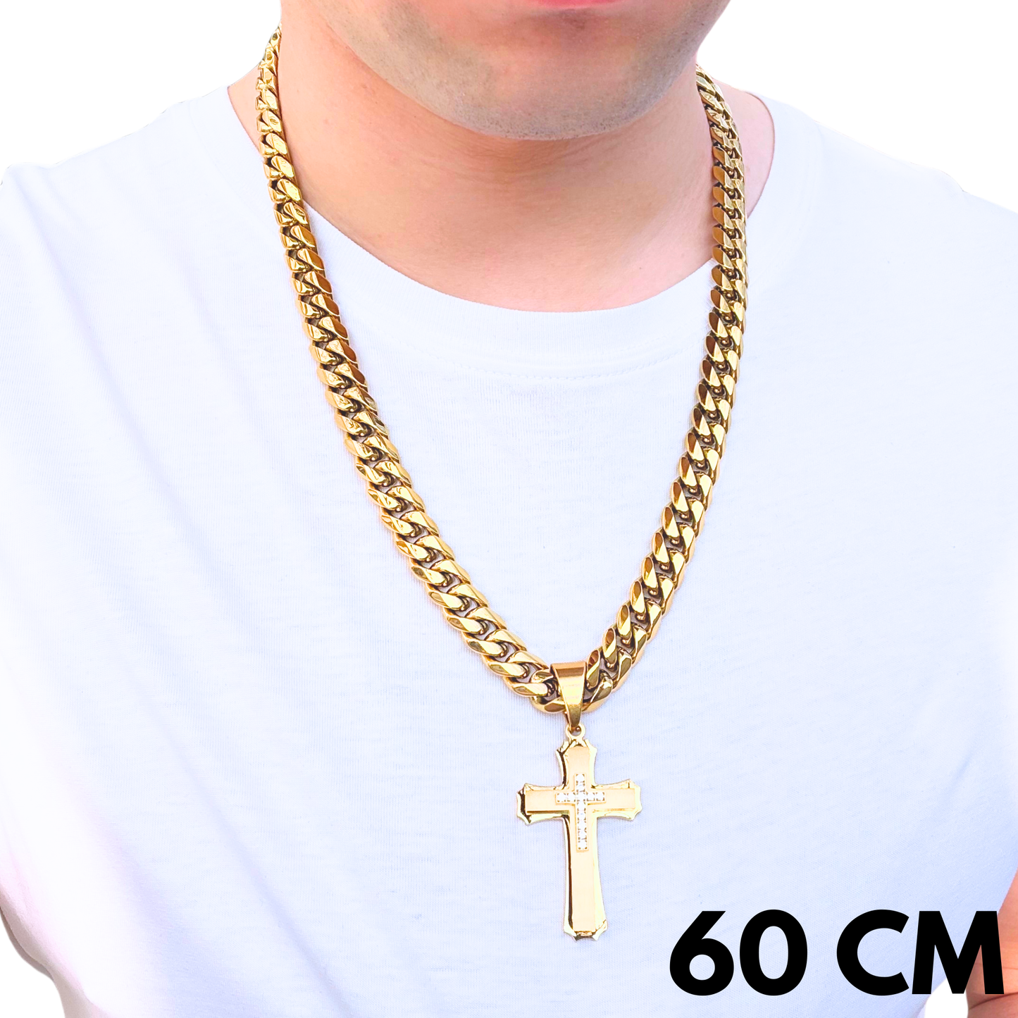 SET - Gold Cuban Chain 12mm + Royal Cross Pendant Gold