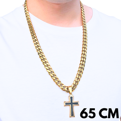 SET - Gold Cuban Chain 12mm + Black Cross Pendant Gold
