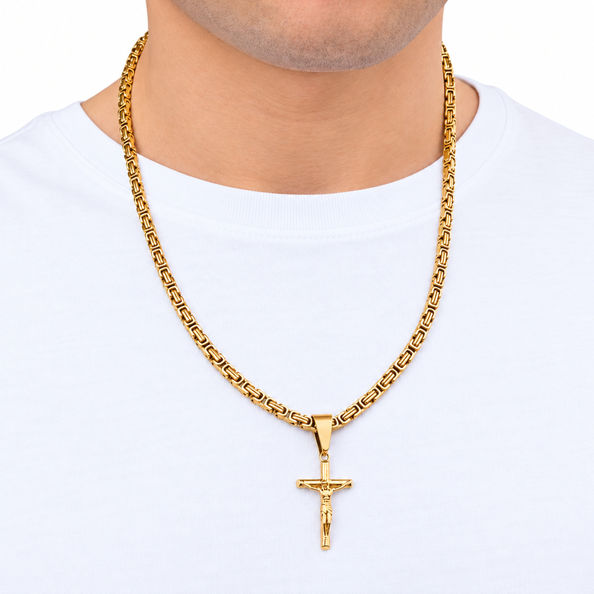 SET - Gold Royal Chain 4mm + Crucifix Pendant Gold