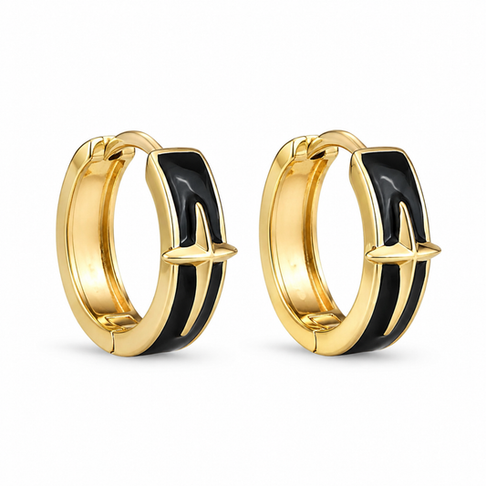 Cross on Black Hoop Earrings S925 Gold Black Women's