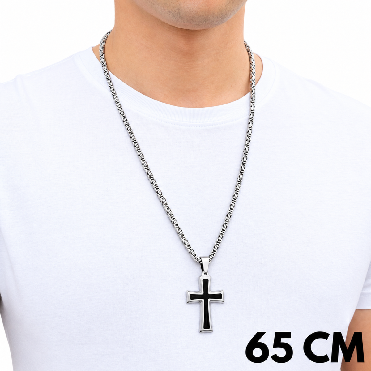 SET - Royal Chain 4mm + Black Cross Pendant White Gold