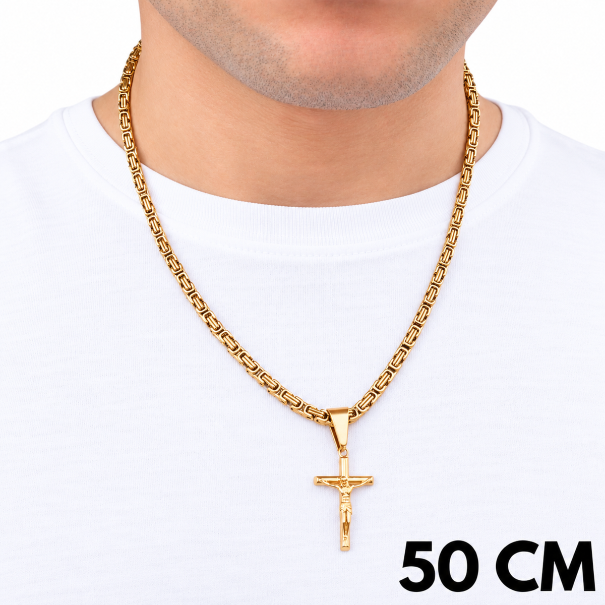 SET - Gold Royal Chain 4mm + Crucifix Pendant Gold
