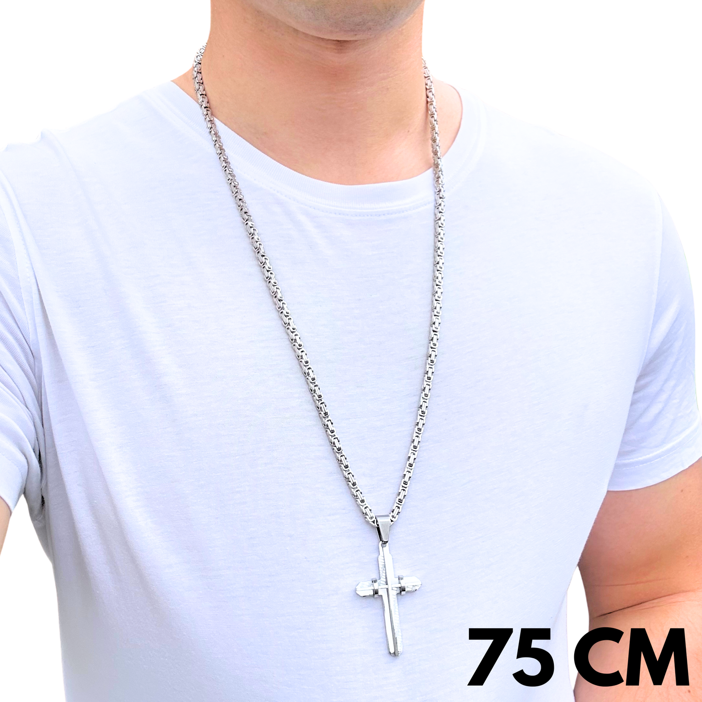 SET - Royal Chain 4mm + Modern Cross Pendant White Gold