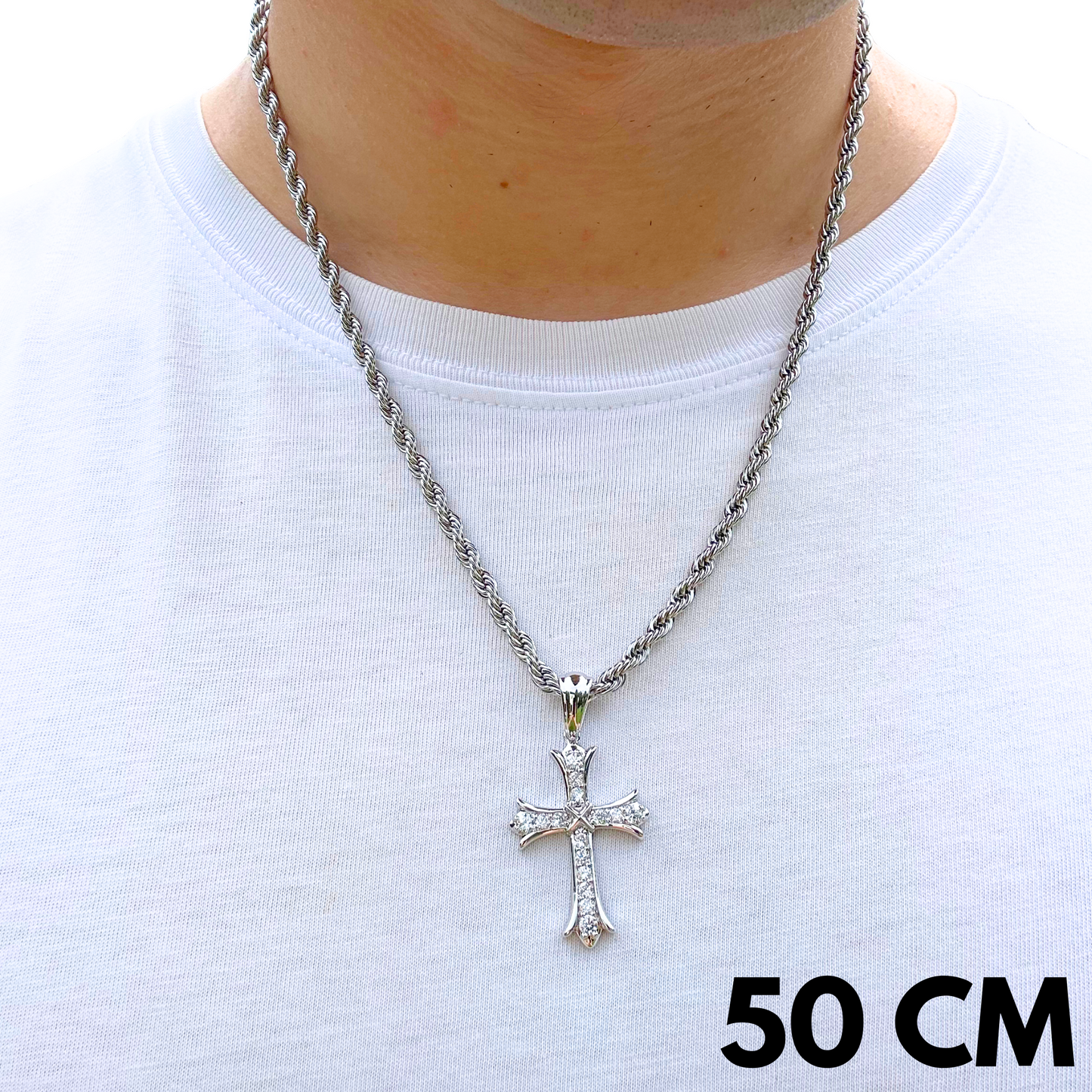 SET - Rope Chain 4mm + Grand Cross Pendant White Gold