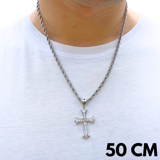 SET - Rope Chain 4mm + Grand Cross Pendant White Gold