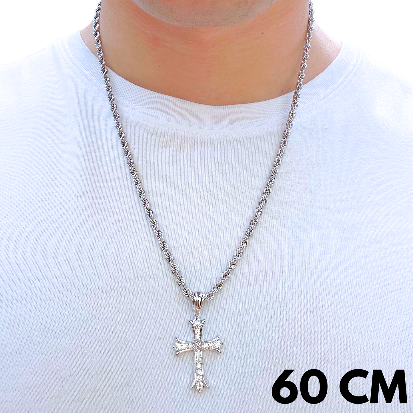SET - Rope Chain 4mm + Grand Cross Pendant White Gold