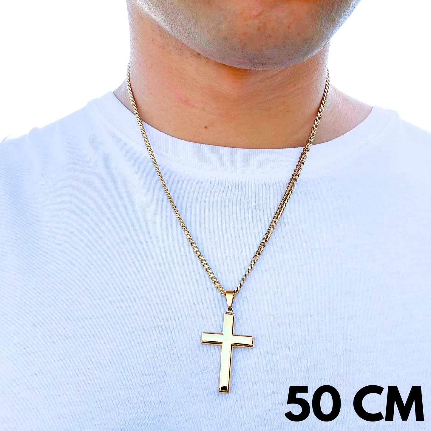 SET - Gold Cuban Chain 4mm + Clean Cross Pendant Gold