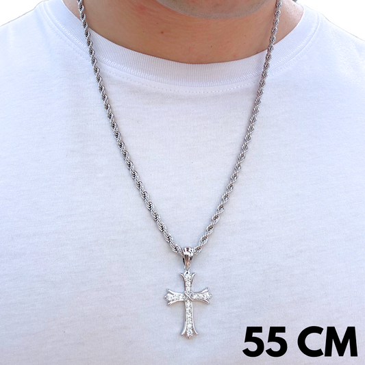SET - Rope Chain 4mm + Grand Cross Pendant White Gold