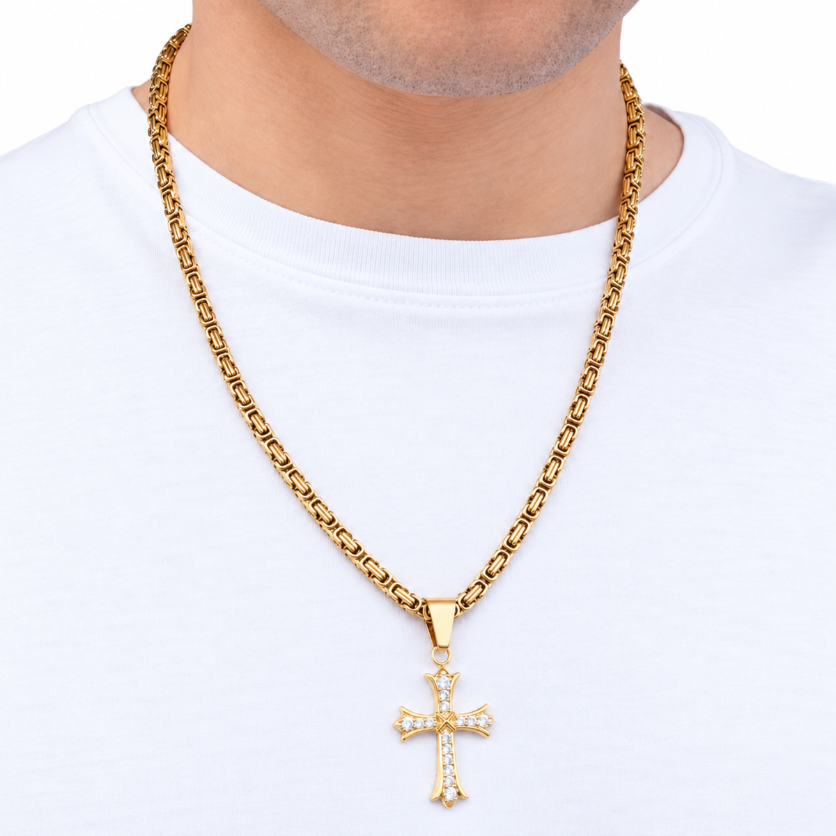 SET - Gold Royal Chain 4mm + Grand Cross Pendant Gold