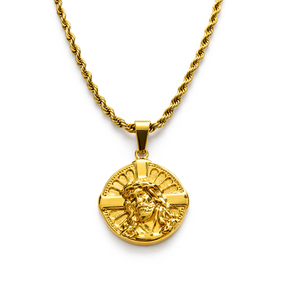 Jesus with Cross Medallion Pendant Gold